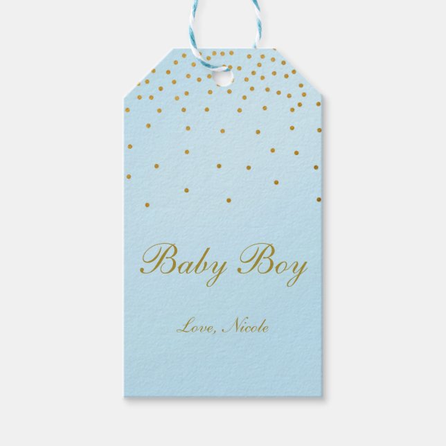 Étiquette cadeau à pois confettis dorés et bleu cl (Devant)