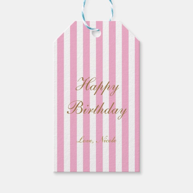 Étiquette cadeau à rayures verticales rose et blan (Devant)