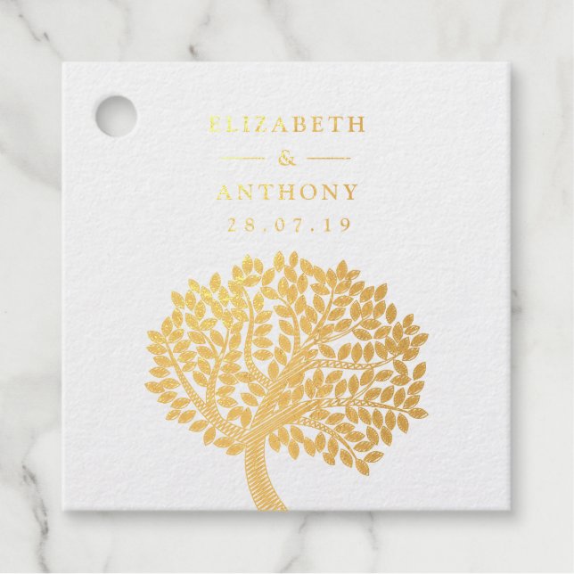 Étiquette-cadeau Arbre de mariage à l'aquarelle dorée (Devant)