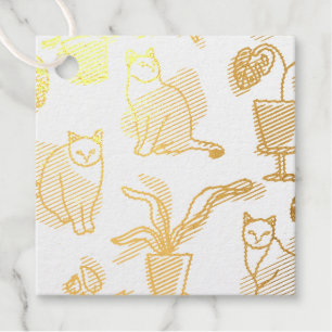 Étiquette-cadeau Art de trait dessin chats et fleurs