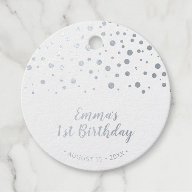 Étiquette-cadeau Ballons d'argent et rose, Confetti 1er Anniversair (Devant)