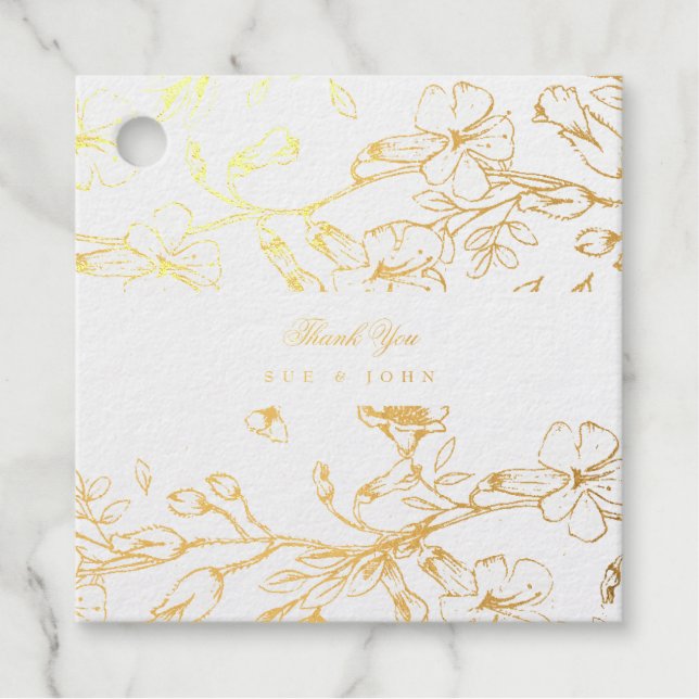 Étiquette-cadeau Belle photo florale esquissée feuille d'or (Devant)