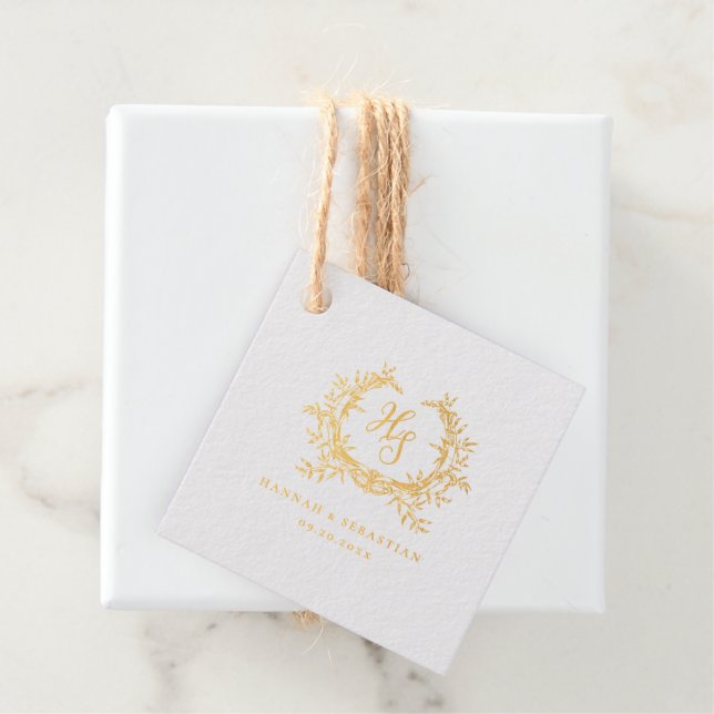 Étiquette-cadeau Blason Monogramme Or Romantique de Mariage (Avec boite)