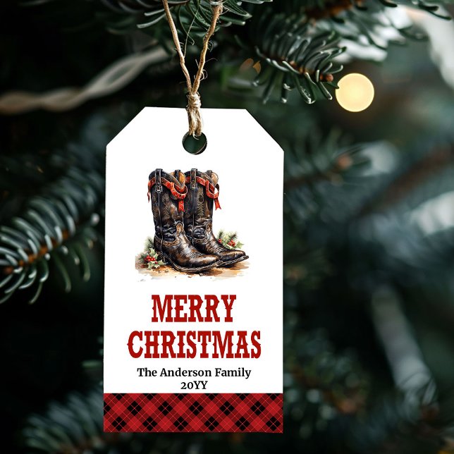 Étiquette cadeau bottes de cowboy rustiques rouge  (Rustic cowboy boots gift tag red green editable

)