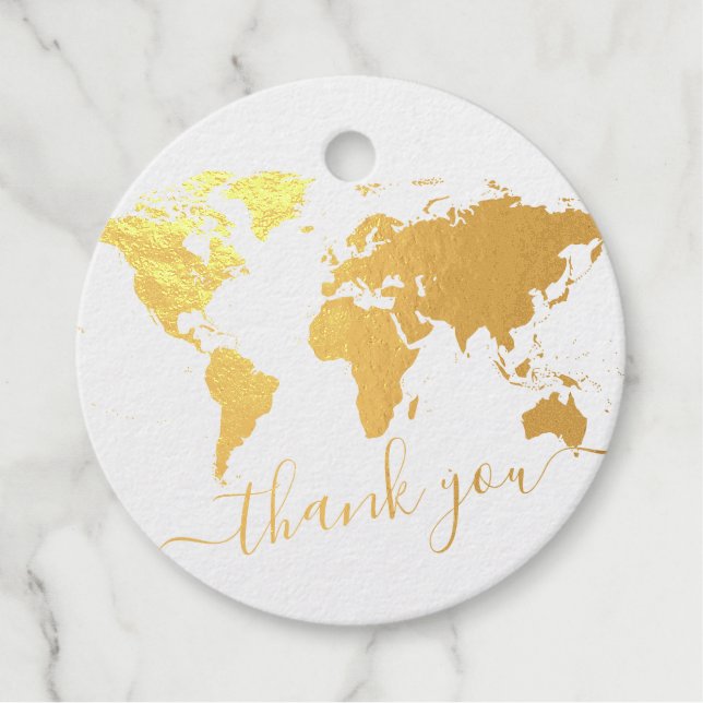 Étiquette-cadeau Carte du monde thème Voyage VRAI FOIL Merci (Devant)