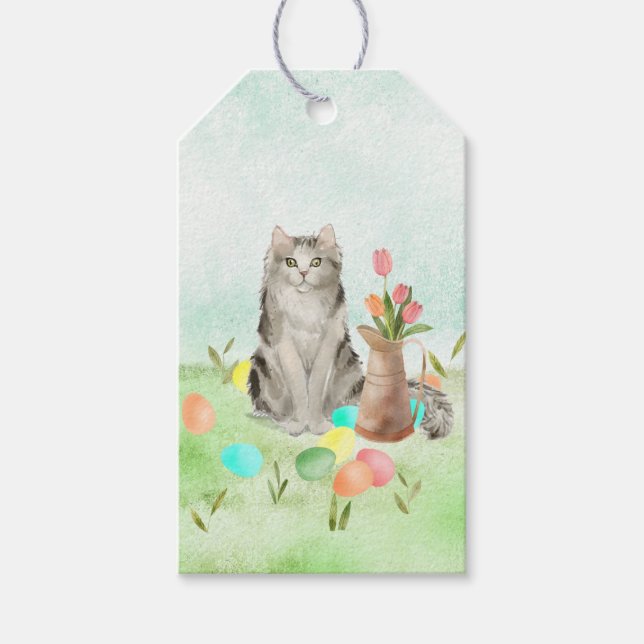 Étiquette cadeau chat avec tulipes et oeufs de Pâq (Devant)