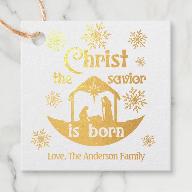 Étiquette-cadeau Christ Le Sauveur est né Christian Nativité Or (Devant)