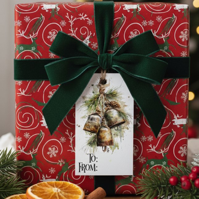 Étiquette cadeau cloche pin Noël rustique (Créateur téléchargé)