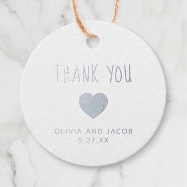 Étiquette-cadeau Coeur argenté | Merci Mariage simple (Devant)