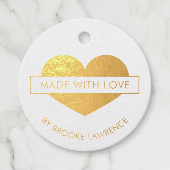 Étiquette-cadeau Coeur d'or fait avec amour (Devant)