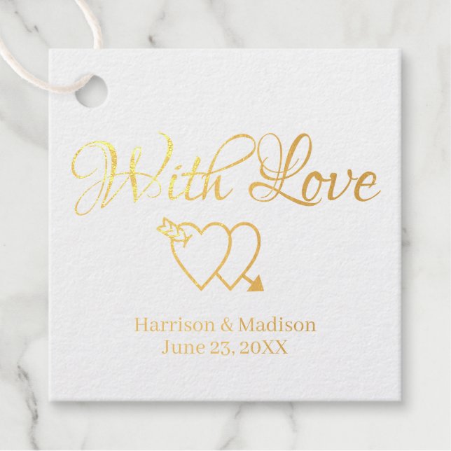 Étiquette-cadeau Coeurs d'or script personnalisé cadeau Mariage (Devant)