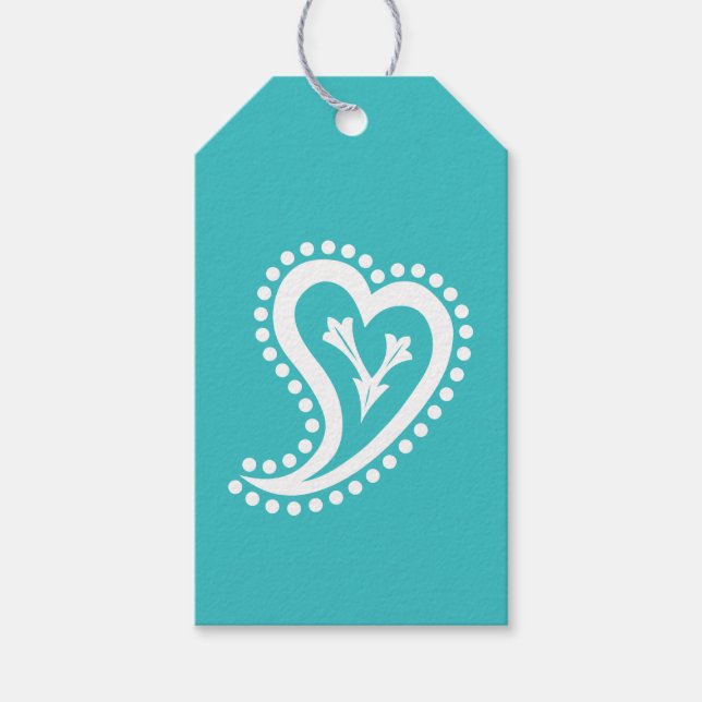 Étiquette Cadeau Cœurs Paisley Turquoise (Devant)