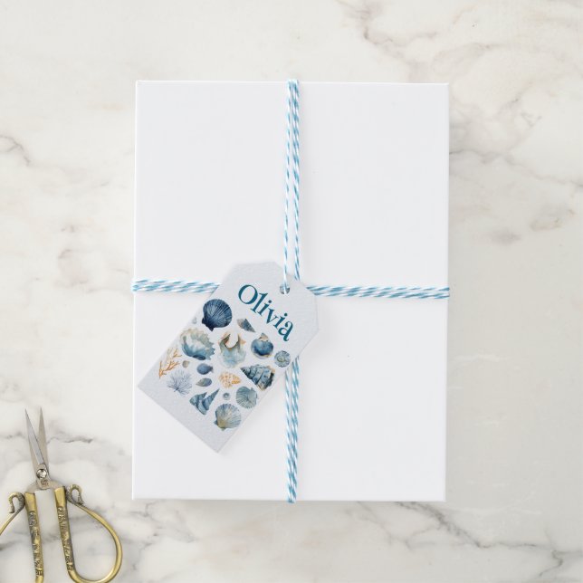 Étiquette Cadeau Coquillages Bleus | Nom Personnal (Avec de laficelle)