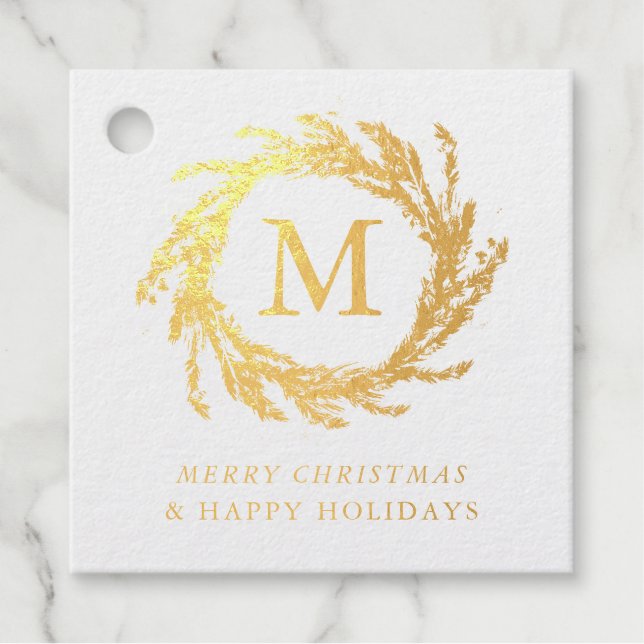 Étiquette-cadeau Couronne de Noël à monogramme (Devant)