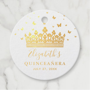 Étiquette-cadeau Couronne Élégante Papillon Quinceanera Or