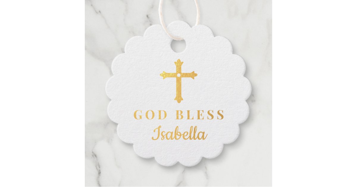 Etiquette Cadeau Croix D Or Dieu Beni Bapteme Religieux Zazzle Fr