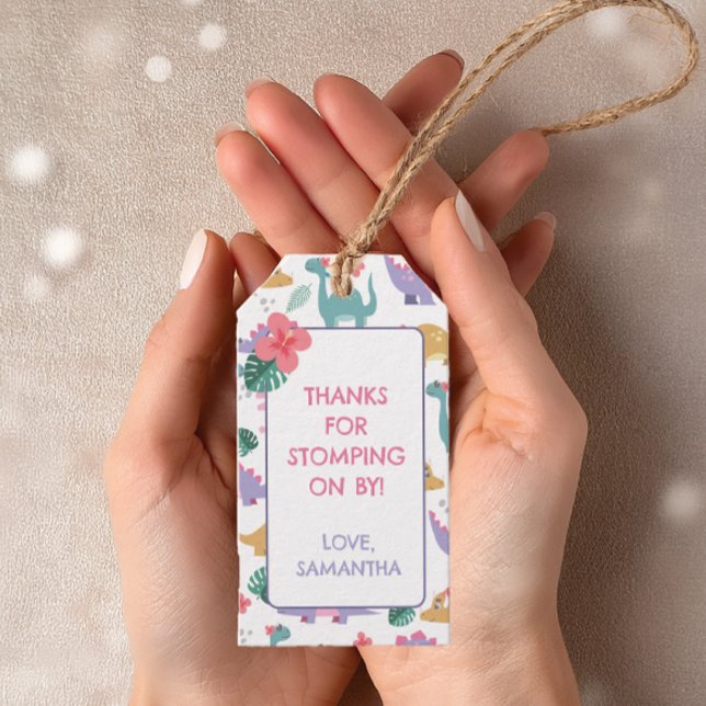 Étiquette cadeau d'anniversaire dinosaure rose et  (Créateur téléchargé)
