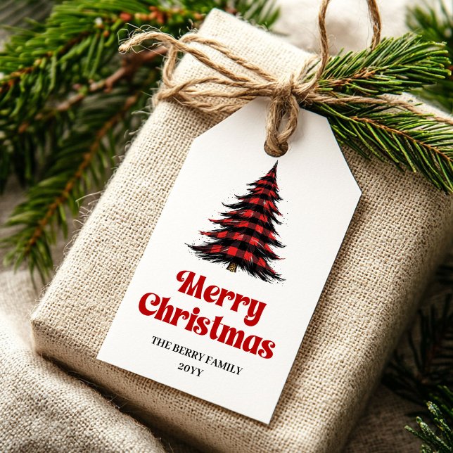 Étiquette cadeau d'arbre de buffle moderne design  (Modern buffalo tree gift tag red green design

)