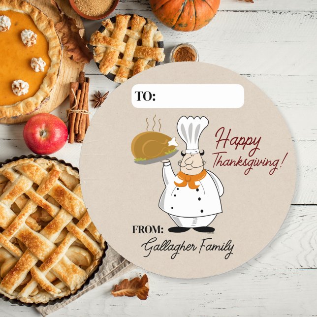 Étiquette cadeau de chef de Thanksgiving pour la d (Chef with a Turkey Favor Sticker for Thanksgiving)
