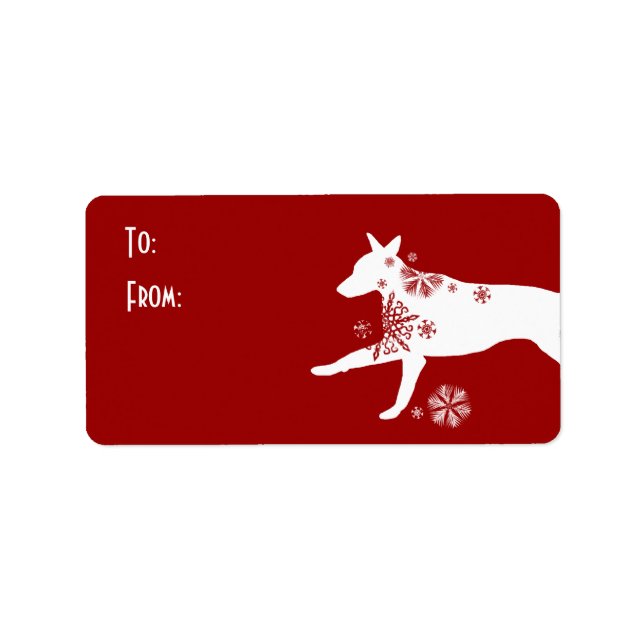 Étiquette cadeau de chien blanc et rouge festif (Devant)
