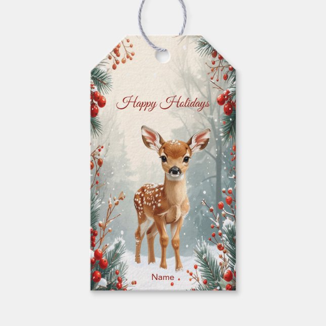 Étiquette cadeau de faon mignon dans une forêt enn (Devant)