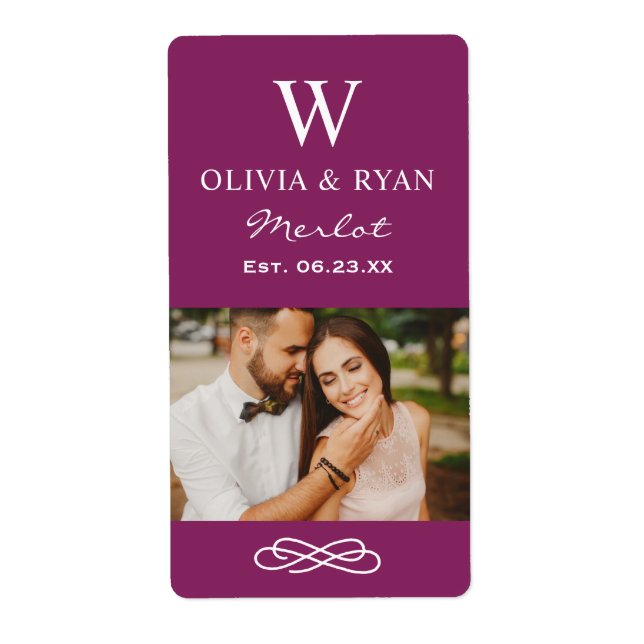 Étiquette Cadeau de mariage vin burgundy rustique monogramme (Devant)
