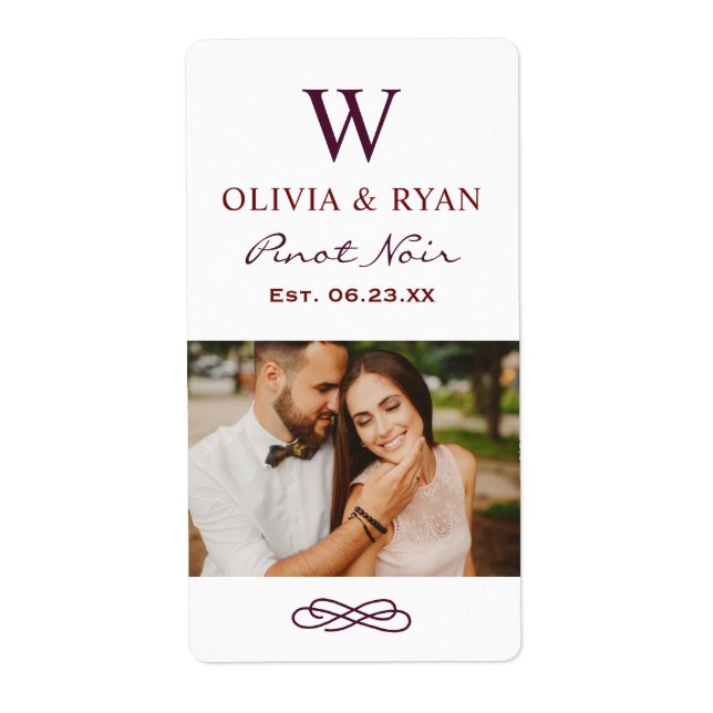Étiquette Cadeau de mariage vin monogramme rouge foncé rusti (Devant)
