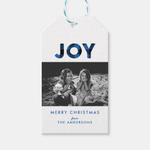 Étiquette cadeau de Noël à photo Joy Blue Buffalo 