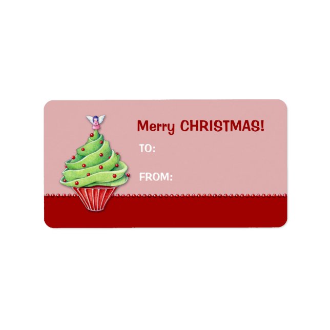 Étiquette cadeau de Noël Arbre Cupcake rouge2 Étiq (Devant)