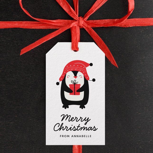 Étiquette cadeau de Noël Joyeux script de pingouin (Créateur téléchargé)