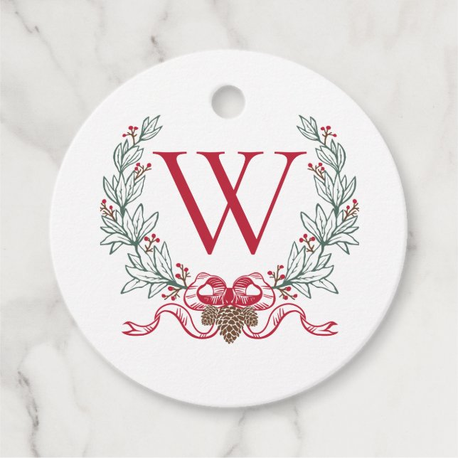 Étiquette cadeau de Noël Monogram Wreath, cadeau d (Devant)