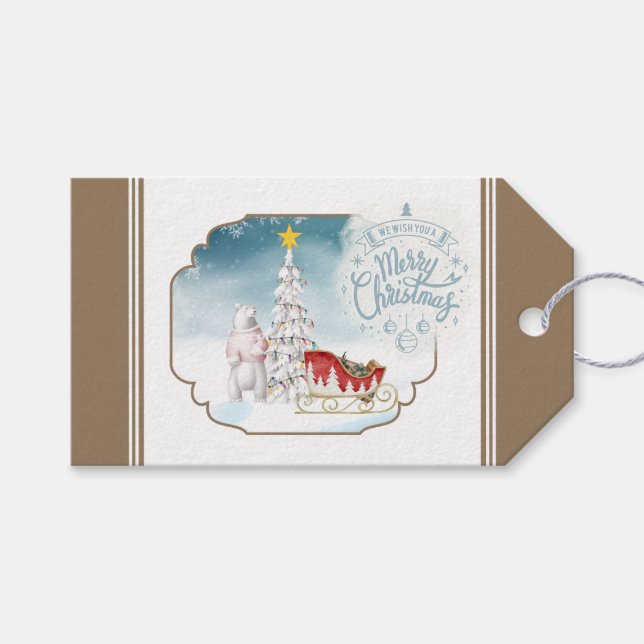 Étiquette cadeau de Noël Ours polaire et Sleigh (Devant (Horizontal))