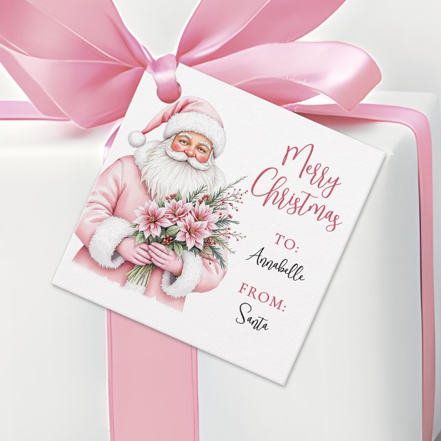 Étiquette cadeau de Noël Père Noël rose (Pink Santa Christmas Gift Tag Sticker)