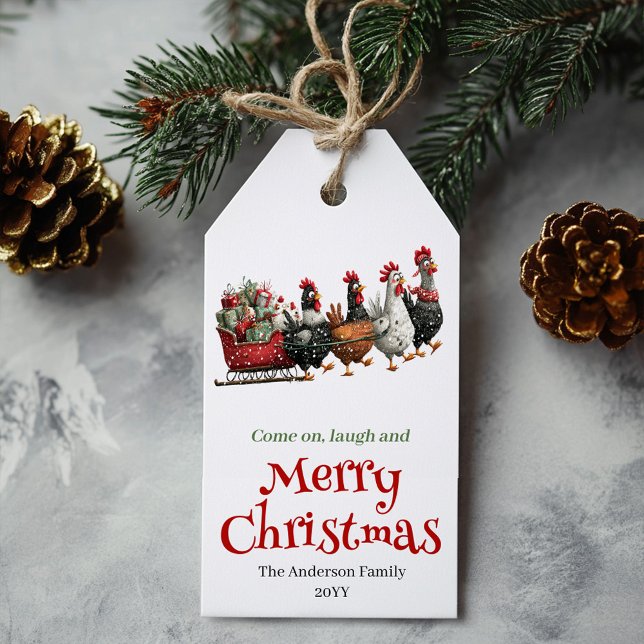 Étiquette cadeau de Noël Poules Capricieuses (Whimsical Quirky Chickens Xmas Gift Tag)