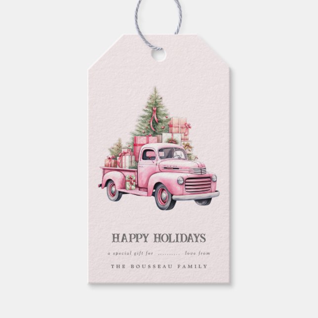 Étiquette cadeau de Noël Retro Pink Truck (Devant)