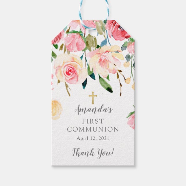 Étiquette cadeau de Rose Floral First Communion Fa (Devant)