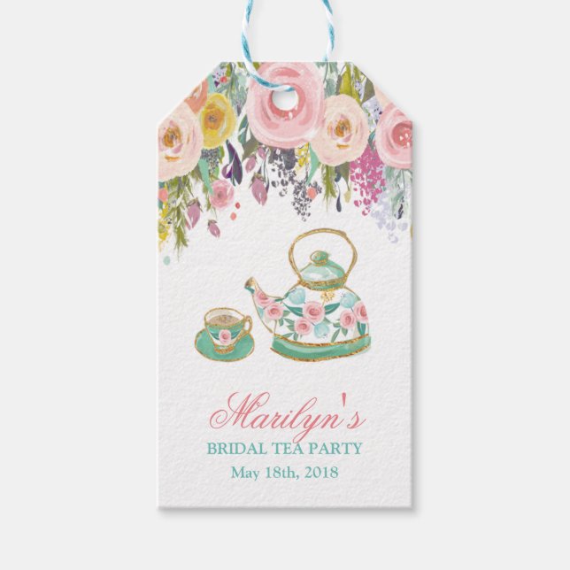 Étiquette cadeau de théière florale pour fête (Devant)
