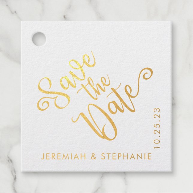 Étiquette-cadeau Élégant Enregistrer La Date Typographie Photo (Devant)