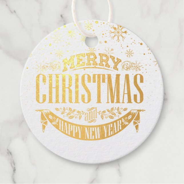 Étiquette-cadeau Élégant Gold Joyeux Snowflakes Noël (Devant)