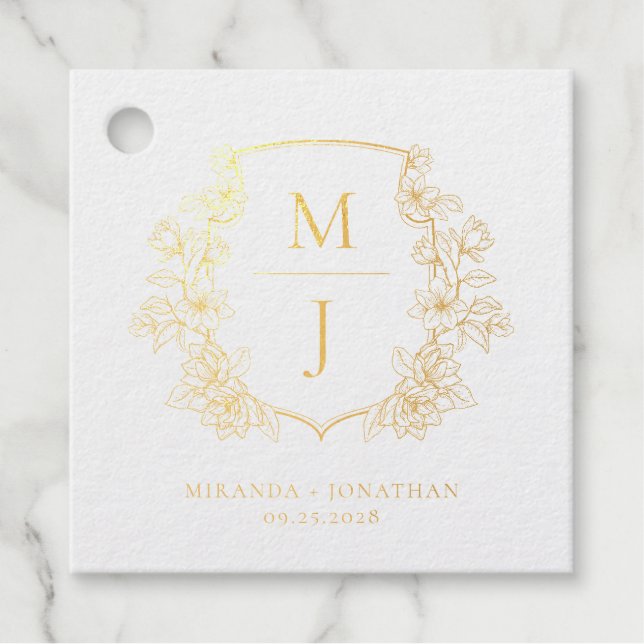 Étiquette-cadeau Élégant Monogramme Botanique Crest Mariage Or (Devant)