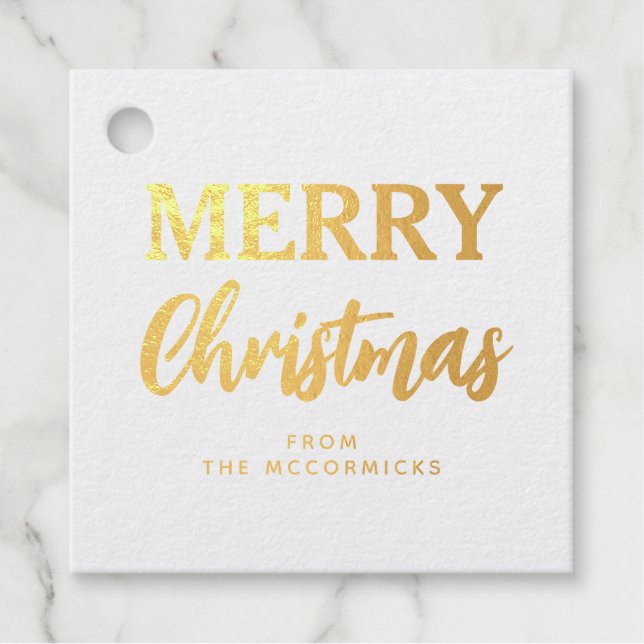 Étiquette-cadeau Élégant or Joyeux Noël Script Famille Vacances (Devant)