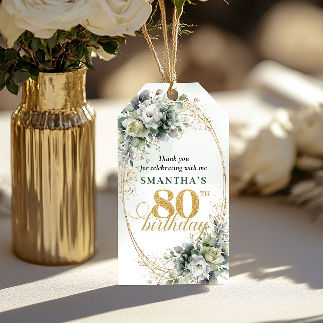 Étiquette cadeau élégante 80e anniversaire Boho ve (Elegant 80th Birthday Boho Greenery Gift Tag)