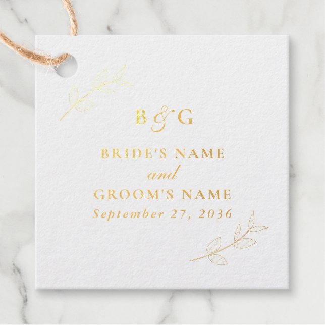 Étiquette-cadeau Feuilles de papier d'or véritable Monogramme éléga (Devant)