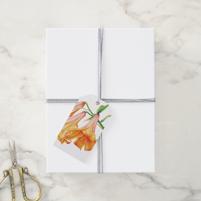 étiquette cadeau fleur de lis orange aquarelle (Avec de la ficelle)