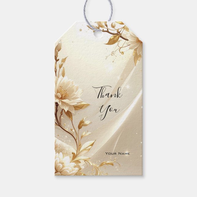 Étiquette cadeau Fleurs Blanches et Dorées (Devant)