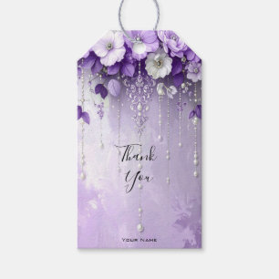 Étiquette cadeau Fleurs violettes avec perles pend
