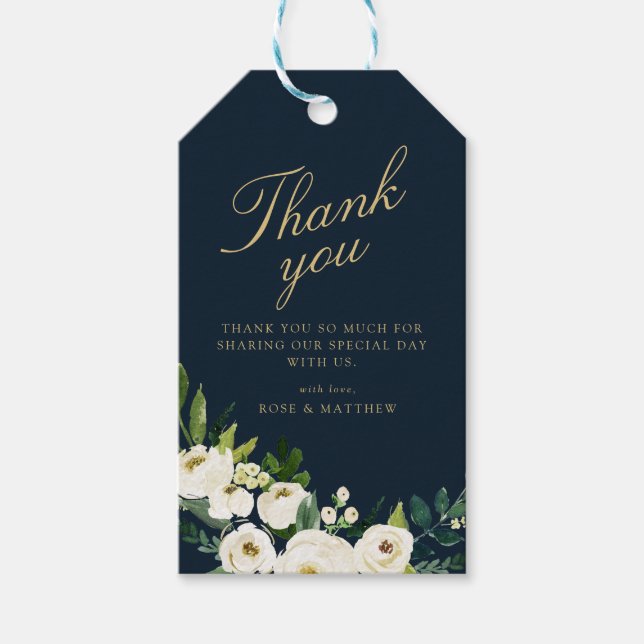 étiquette cadeau floral blanc en ivoire bleu marin (Devant)