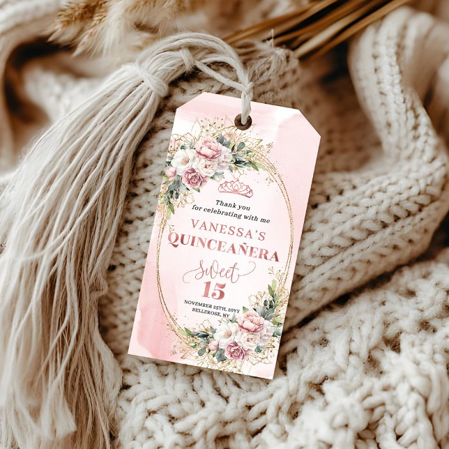 Étiquette Cadeau Florale Bohème Rose Gold pour Dou (Rose Gold Floral Boho Gift Tag for Sweet 15)
