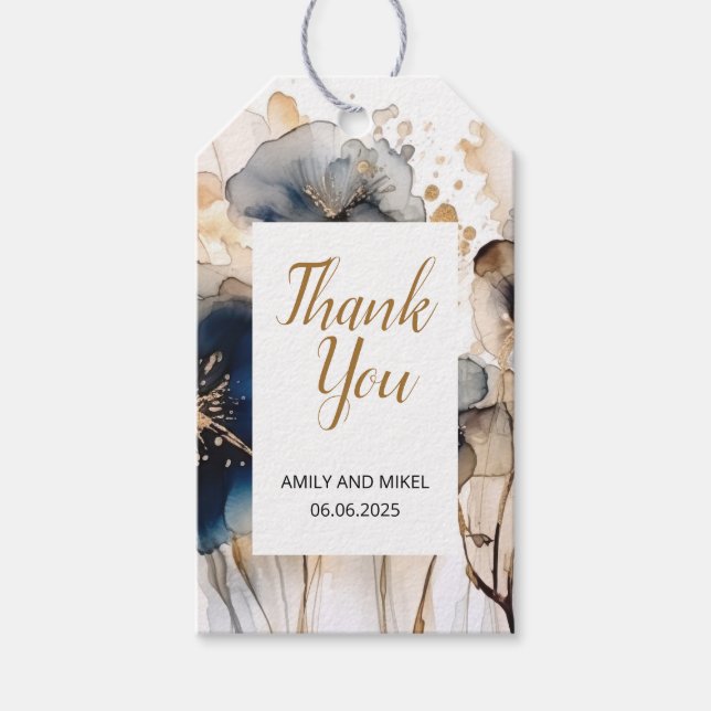 Étiquette cadeau florale dorée bleu marine aquarel (Devant)