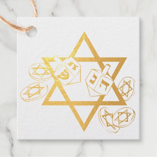 Étiquette-cadeau Hanoukka Star et Dreidels (Devant)